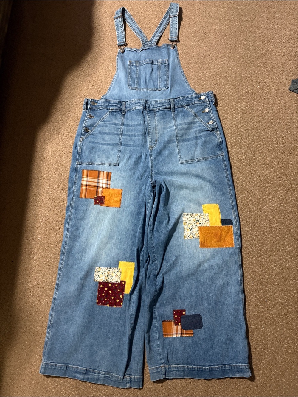 Handmade Blue Denim Patchwork Wide-Leg Overalls